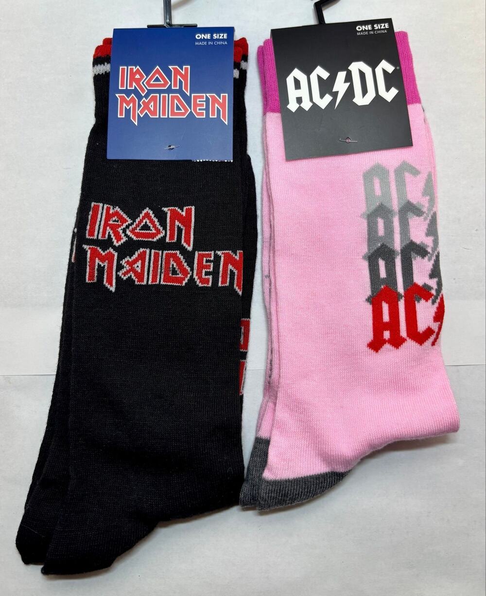 Iron Maiden / AC DC 2 Pairs Crew Socks Graphic Novelty 80s & 90s Rock Bands